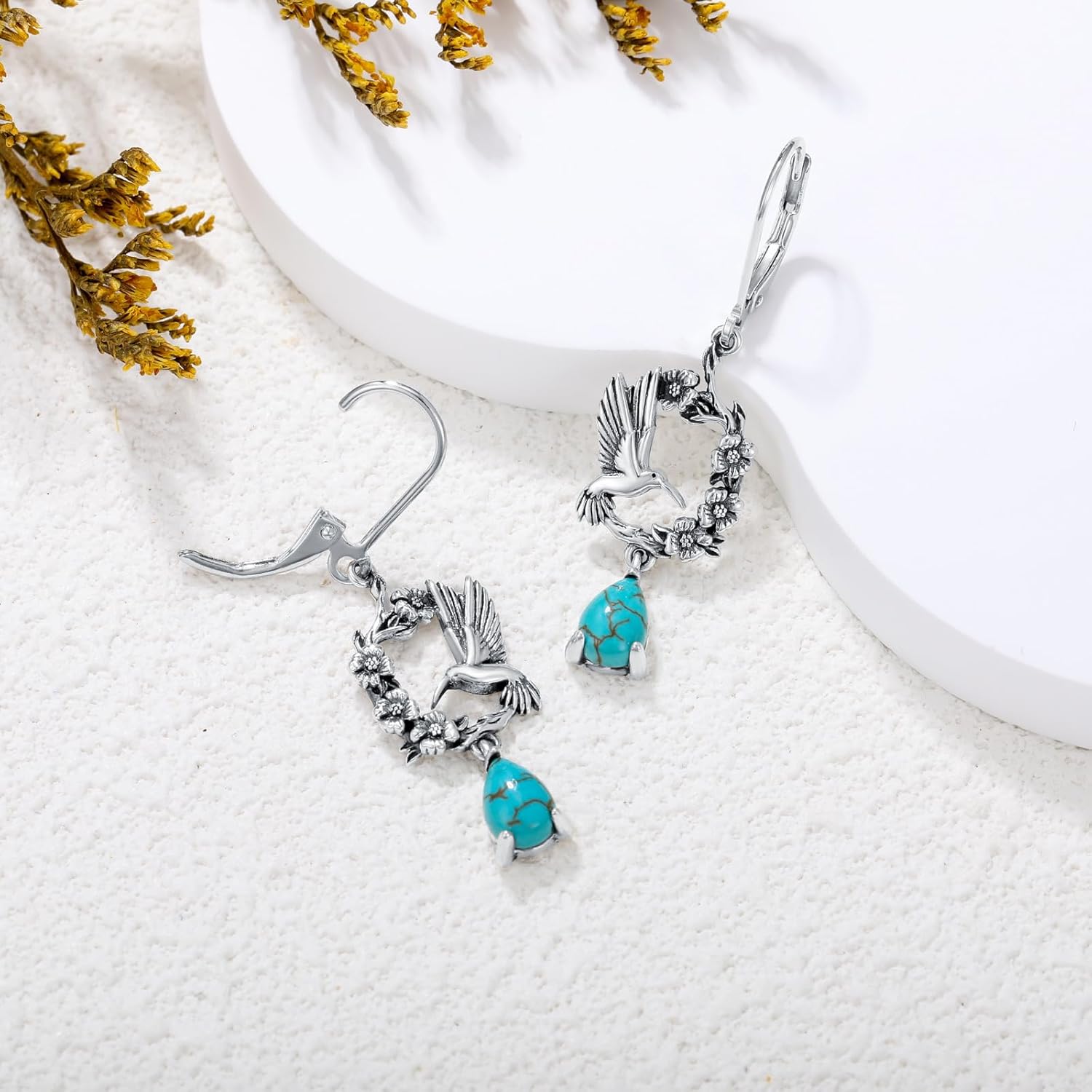 Vintage 7 * 5 mm Teardrop Genuine Turquoise with Hummingbird Dangle Earrings 925 Sterling Silver Retro Style Hummingbird Earrings for Women Gifts - Image 4
