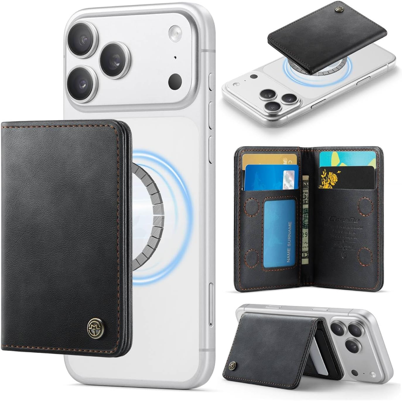 Magnetic Wallet Card Holder with RFID Protection, PU Leather Slim Wallet, Strong Magnet Attachment for iPhone 18/17/16/15/14/13/12 Series Pro Max Plus Mini-Black