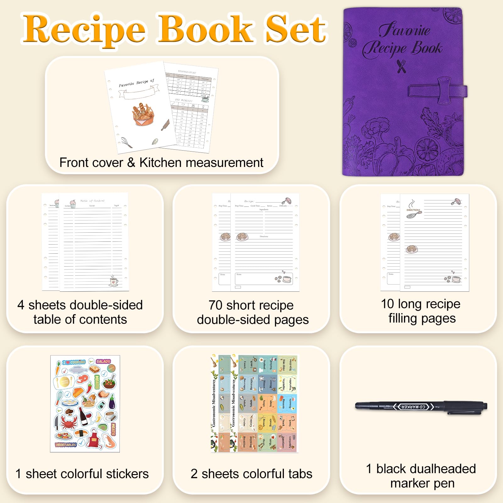 Libro de recetas en blanco para escribir en tus propias recetas, cuaderno de recetas de cuero, libro de cocina vacío con capacidad para 150 recetas (recetas largas y cortas) (morado)