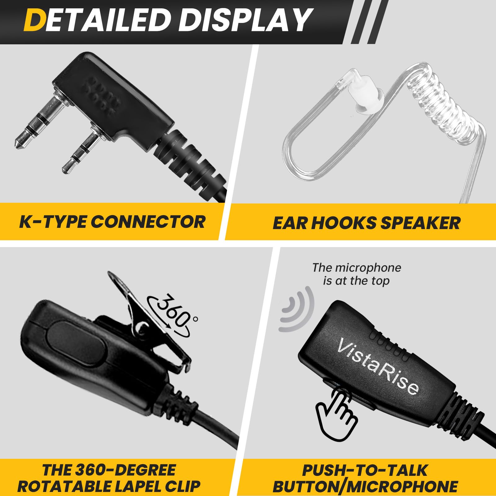 Confezione da 5 auricolari radio bidirezionali con microfono, cuffie per walkie talkie a tubo acustico, compatibili con Kenwood, Baofeng, BTECH, Retevis, Wouxun (tipo K a 2 pin)