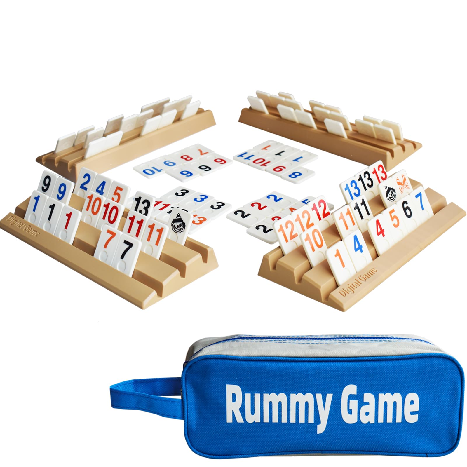 Rummy Reisespiel Set, Rummy Titel Set mit Zahlen Okey Spiel Set, 112 Spielsteinen & 4 Halter, Tragbares Brettspiel Strategie für 2-4 Spieler, Erwachsene Und Familie