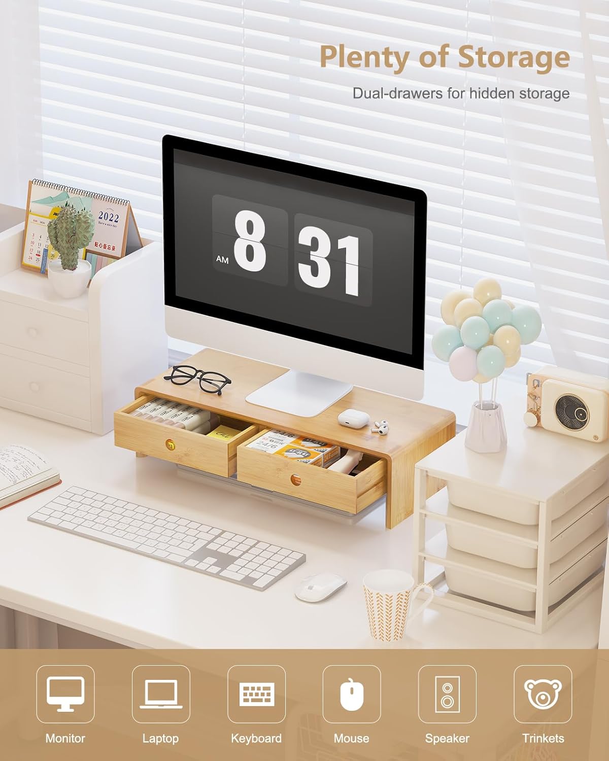 Ufine Bamboo Monitor Stand with 2 Drawers Desktop Organizer Computer Screen Laptop Riser Ergonomic Height for Home Office