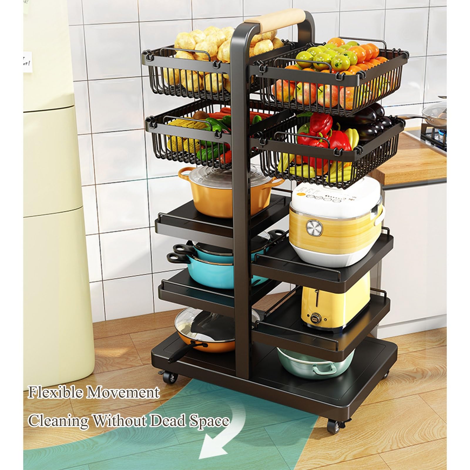 Rejilla ajustable para sartenes y ollas de 10 niveles con 6 bandejas, 4 cestas y ruedas, soporte para utensilios de cocina a presión, estante de almacenamiento de hierro fundido resistente para coci
