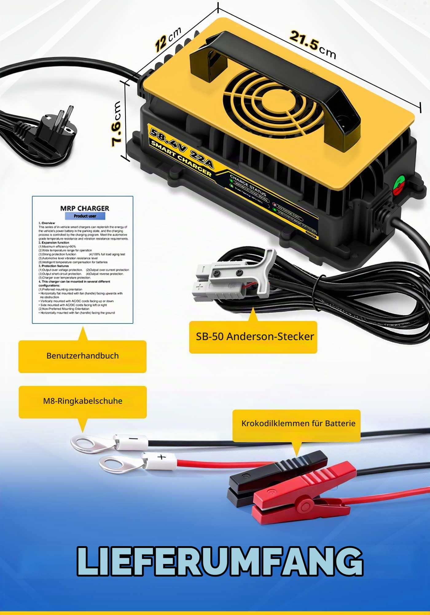 58,4V 22A LiFePO4 Lithium Batterie Ladegerät für 48V(51,2V) LiFePO4 Lithium Batterien, IP67 Wasserdicht Akku Ladegerät für Wohnmobile, Boot, Solar, Golfwagen