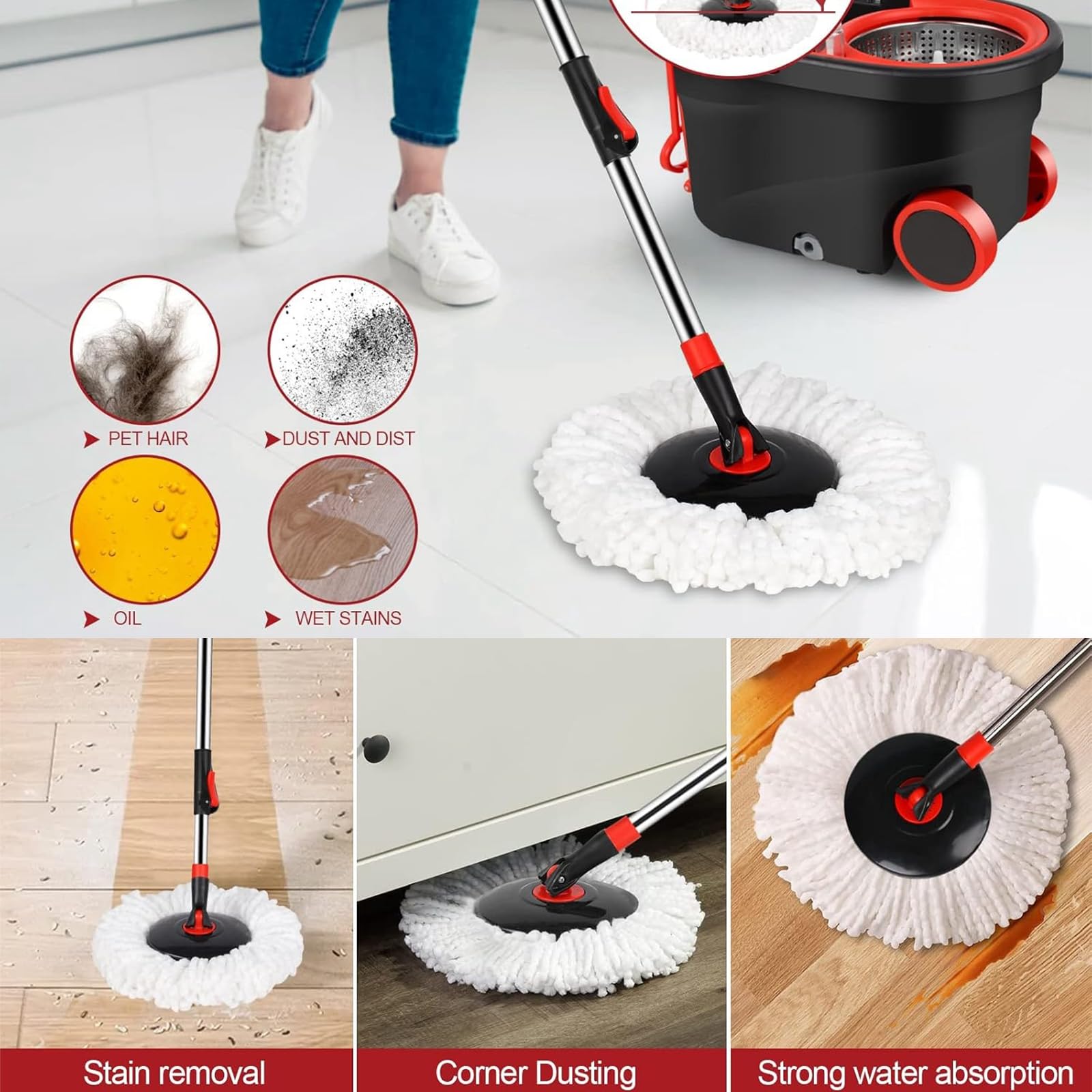 Juego de fregona giratoria y cubo con escurridor en ruedas, sistema de cubo giratorio de 360° para limpieza de pisos, juego de fregona y cubo con 3 cabezales de repuesto de fregona de microfibra y