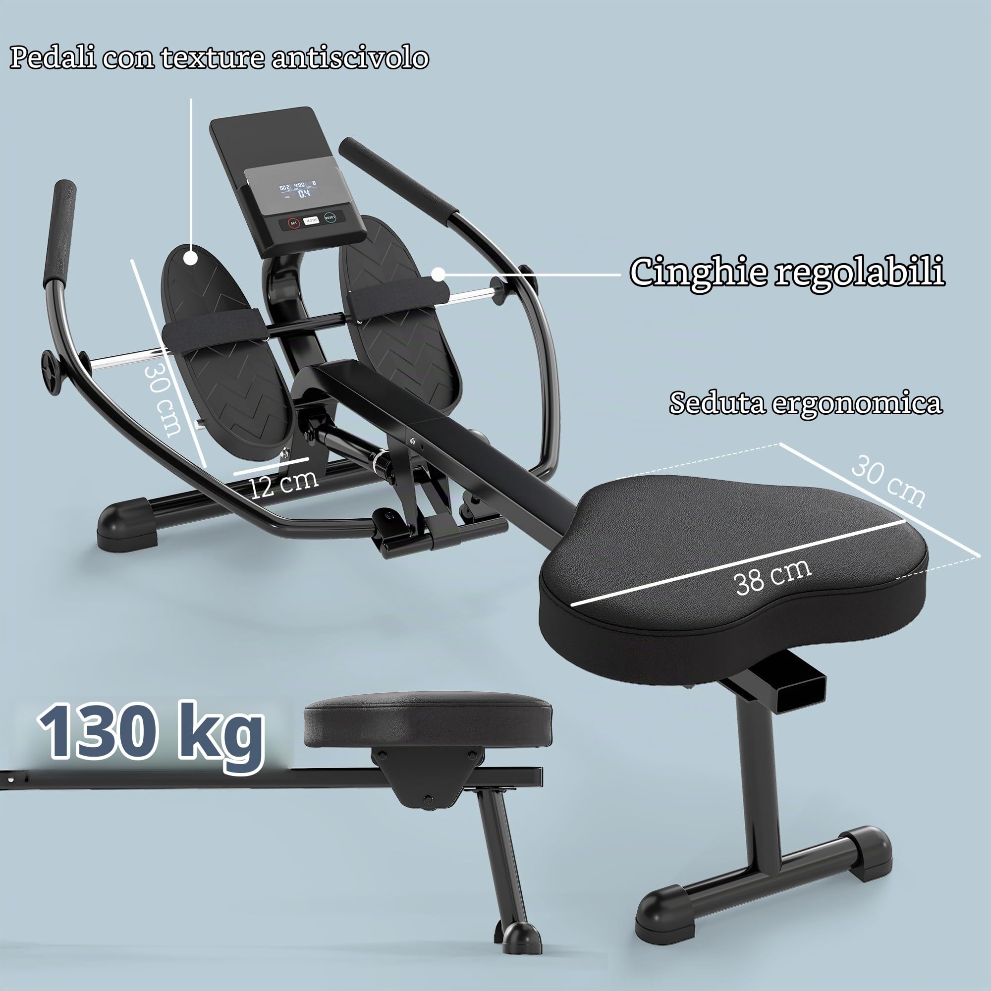 SPORTNOW Vogatore idraulico con 12 livelli di resistenza Vogatore con schermo LCD e pedale antiscivolo, portata massima 130KG, allenamento cardio a casa, nero