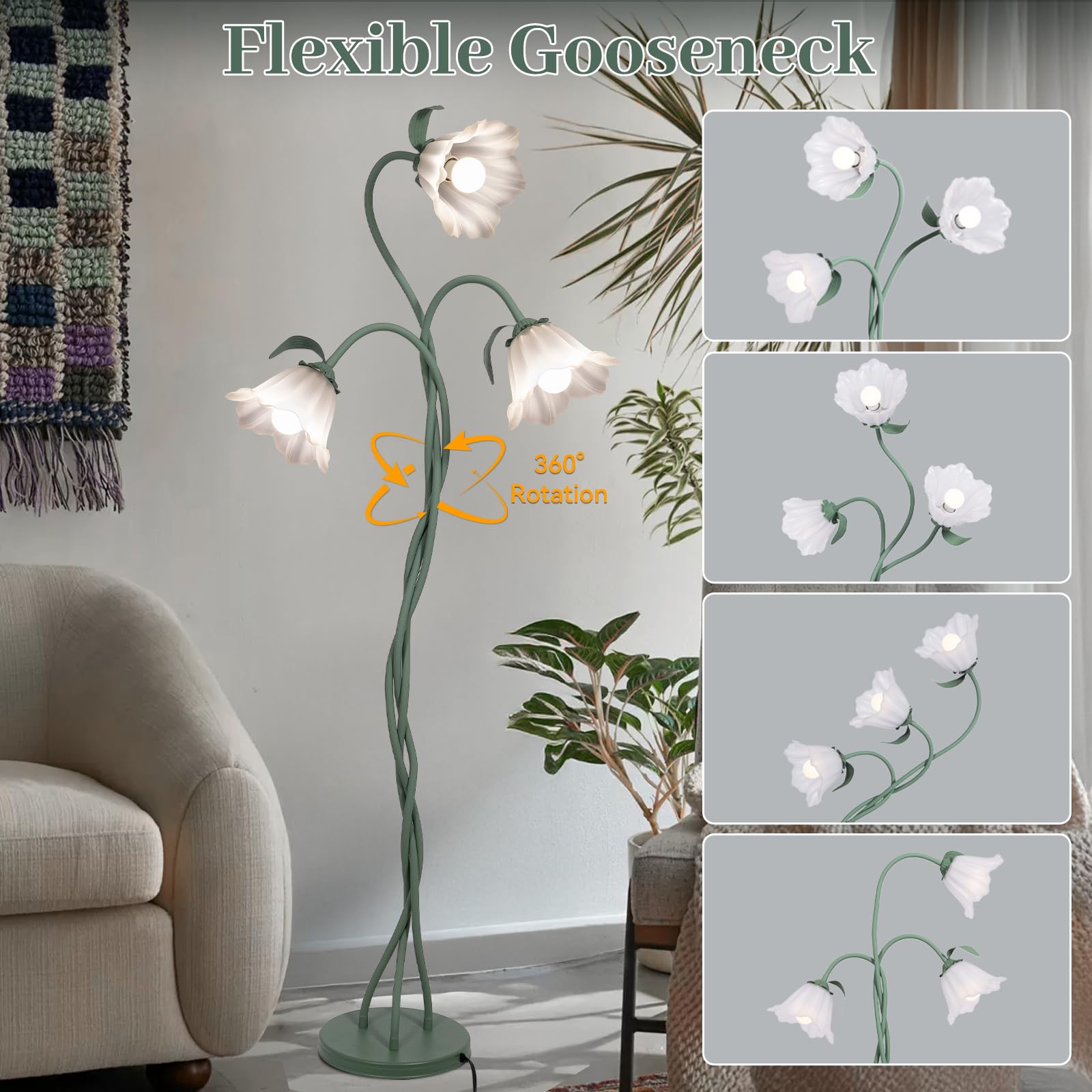 Vintage 3 Heads Flower Floor Lamp with Adjustable Gooseneck