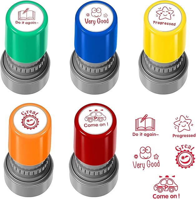 Stamps for School Teachers, Pack of 5 Self-Inking Teacher Stamps for Kids Education, Teachers Review, School Prizes