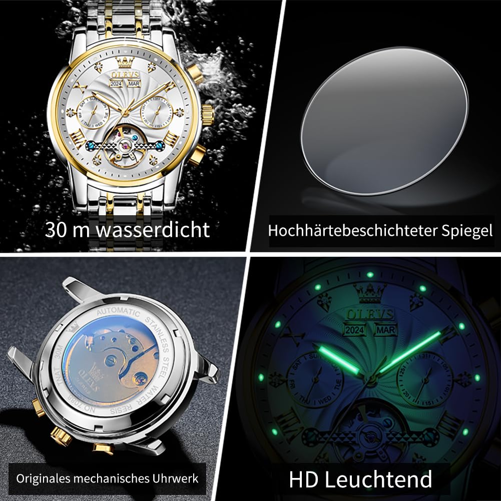 OLEVS Herrenuhren Automatik Mechanische Armbanduhr mit Tourbillon Kalender Wasserdicht Leuchtende Uhren Männer