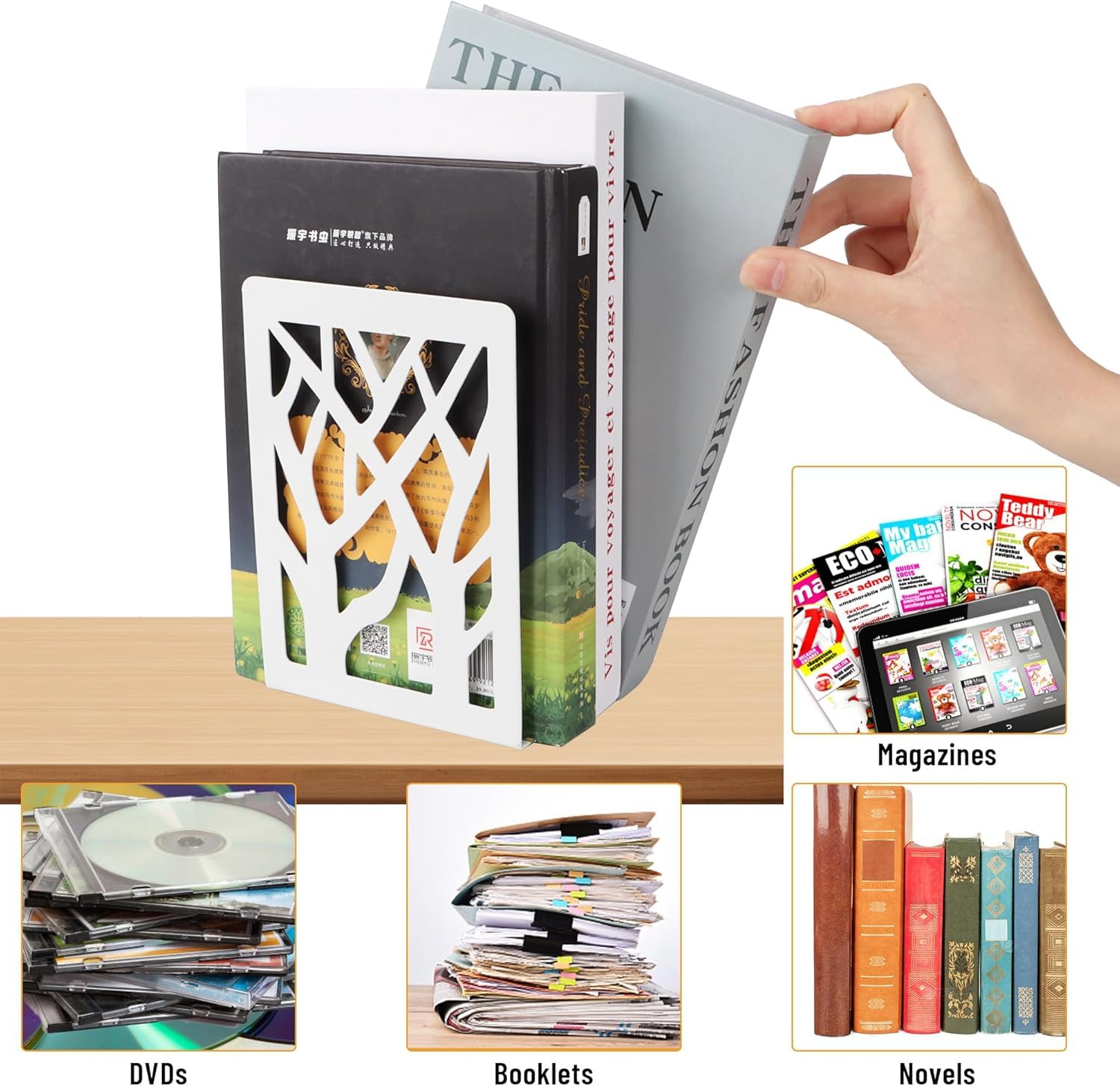 Fermalibri in Metallo per Scaffali, Bookends con Antiscivolo, Bianco