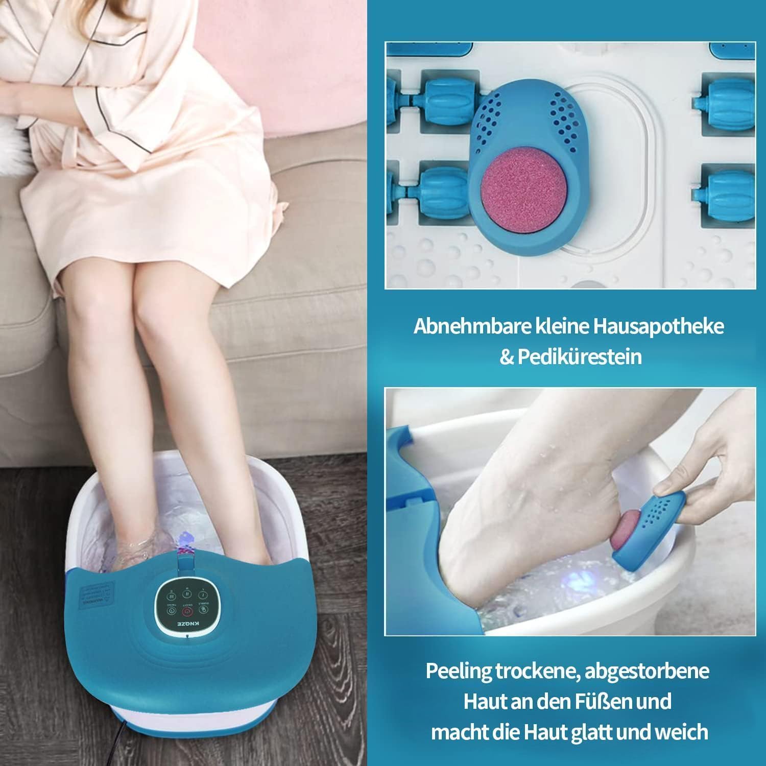 KNQZE Fussbad mit Massagefunktion und Heizung | Faltbare Fußbad Fußmassagegerät | Fusssprudelbad mit Massage, Timer, Vibration, Sprudelfunktion & Bimsstein | Fußsprudelbad für Geschenk (Blau)
