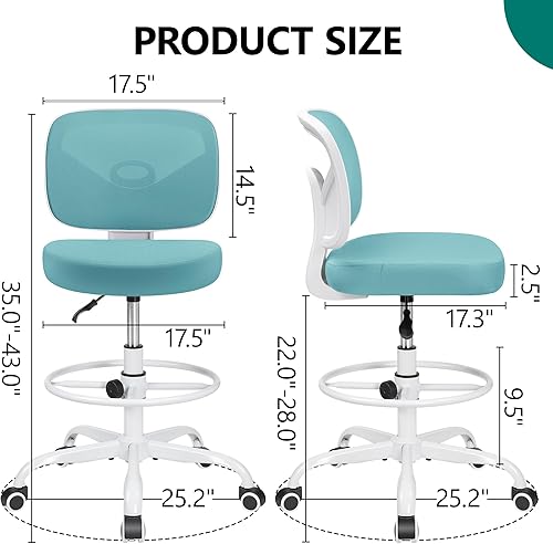 Miniatura 3 de Primy Silla de escritorio alta sin brazos, altura ajustable y reposapiés, silla ergonómica de escritorio de pie con respaldo bajo, silla alta con