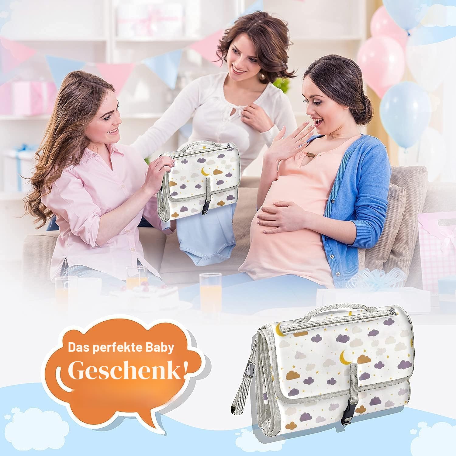 Wickelunterlage für unterwegs kompakte Wickelauflage XL - Kombinierbare abnehmbare Wickeltasche mit 6 Fächern, Tuchspender und bequemes Kissen für den Kopf Ihres Babys.