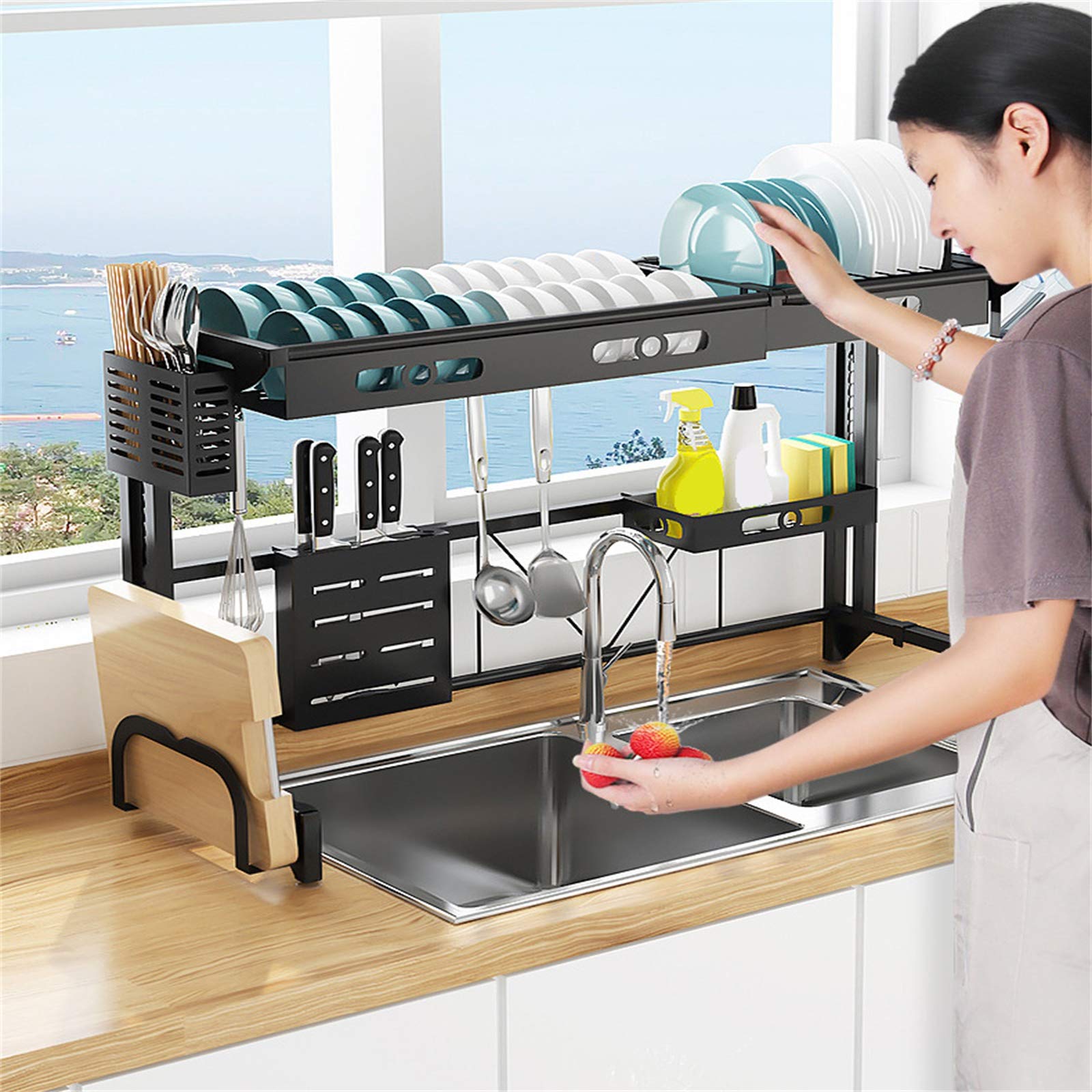Escurridor De Cubiertos, Estante De Almacenamiento De Cocina, Fregadero De Secado Tablero De Drenaje Estante Para Platos Estante, Utensilios De Cocina De Protección Ambiental Inoxidable 95cm,negro