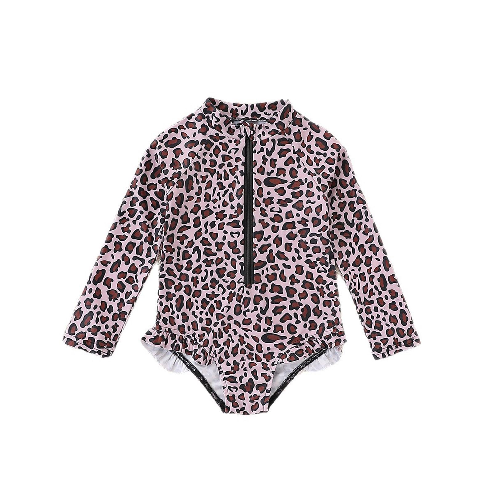 Generisch Bañador para niña con estampado de leopardo, dobladillo con volantes y cremallera lateral para playa y piscina
