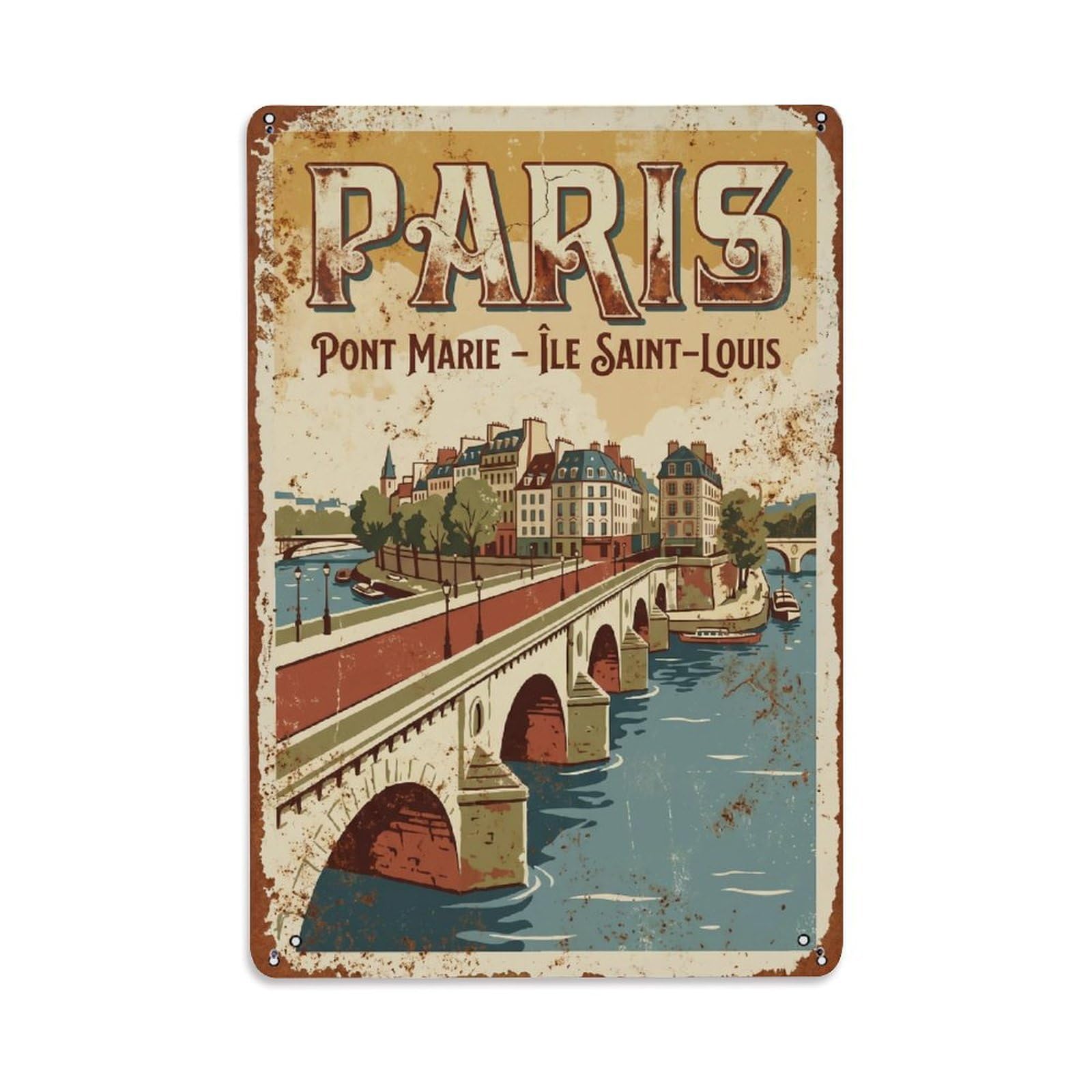 Vintage Travel Paris Pont Marie Bridge Rusted France Metal Tin Sign Plaque Wall Decor for Cafe, Club Bar, Office, Home Garden Metal Poster 8x12Inch