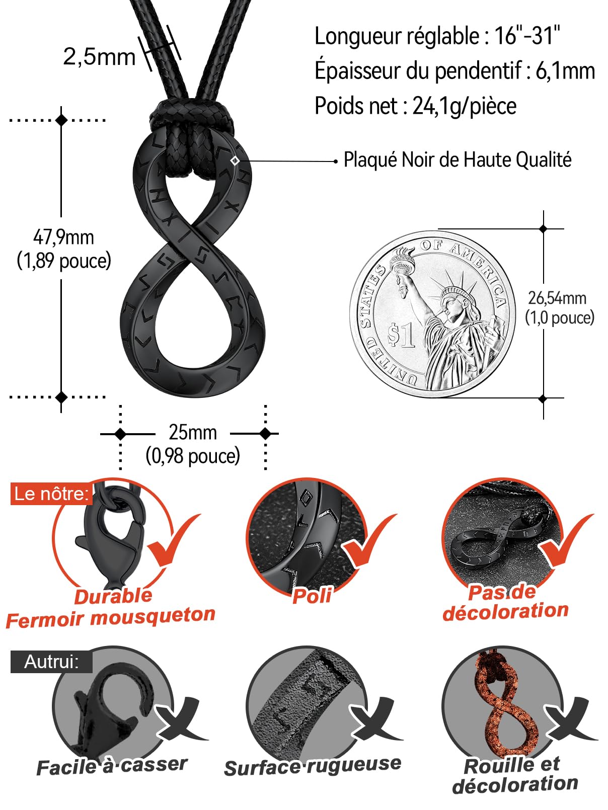 FaithHeart Collier Viking Homme, Pendentif Anneau de Möbius Acier Inoxydable, Cordon Cuir Pendentif Runique Rond/Triangle/Infini/Barre/Troll, Bijoux Amulette Porte Bonheur