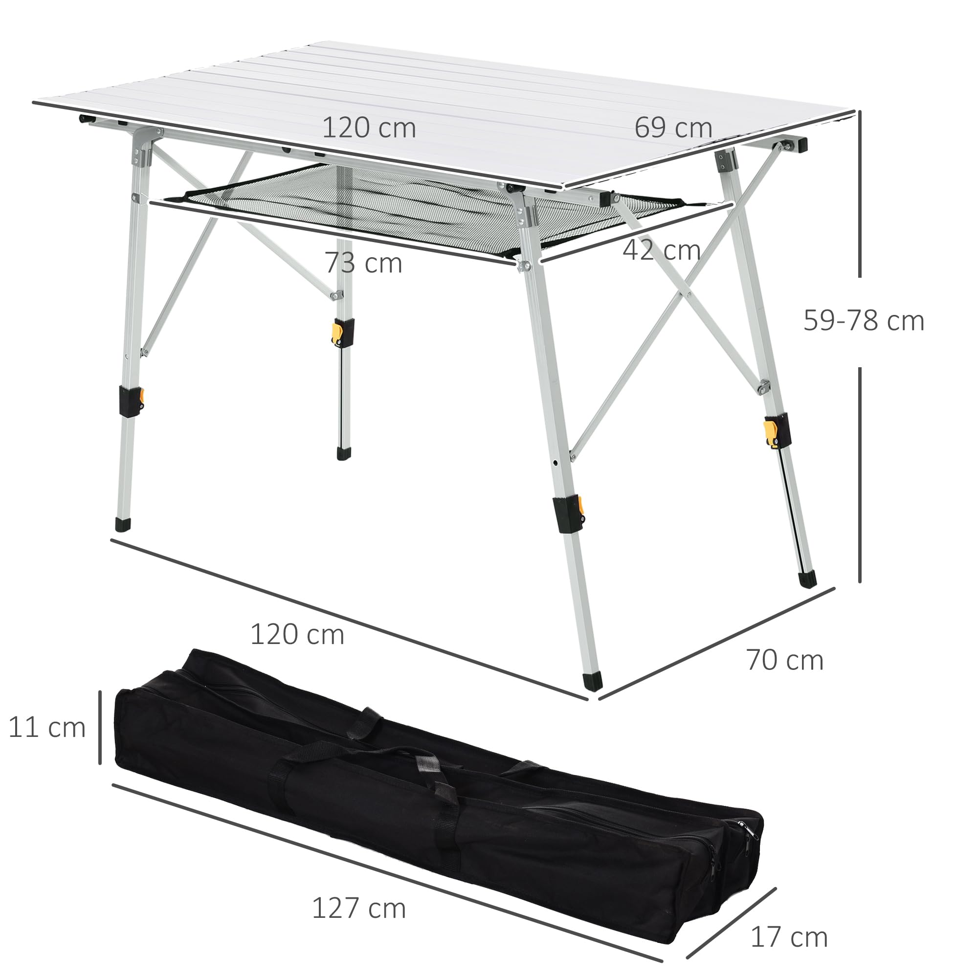 Outsunny Tavolo da Campeggio Pieghevole Multifunzione in Alluminio con Custodia e Altezza Regolabile Sostiene Fino 40 kg