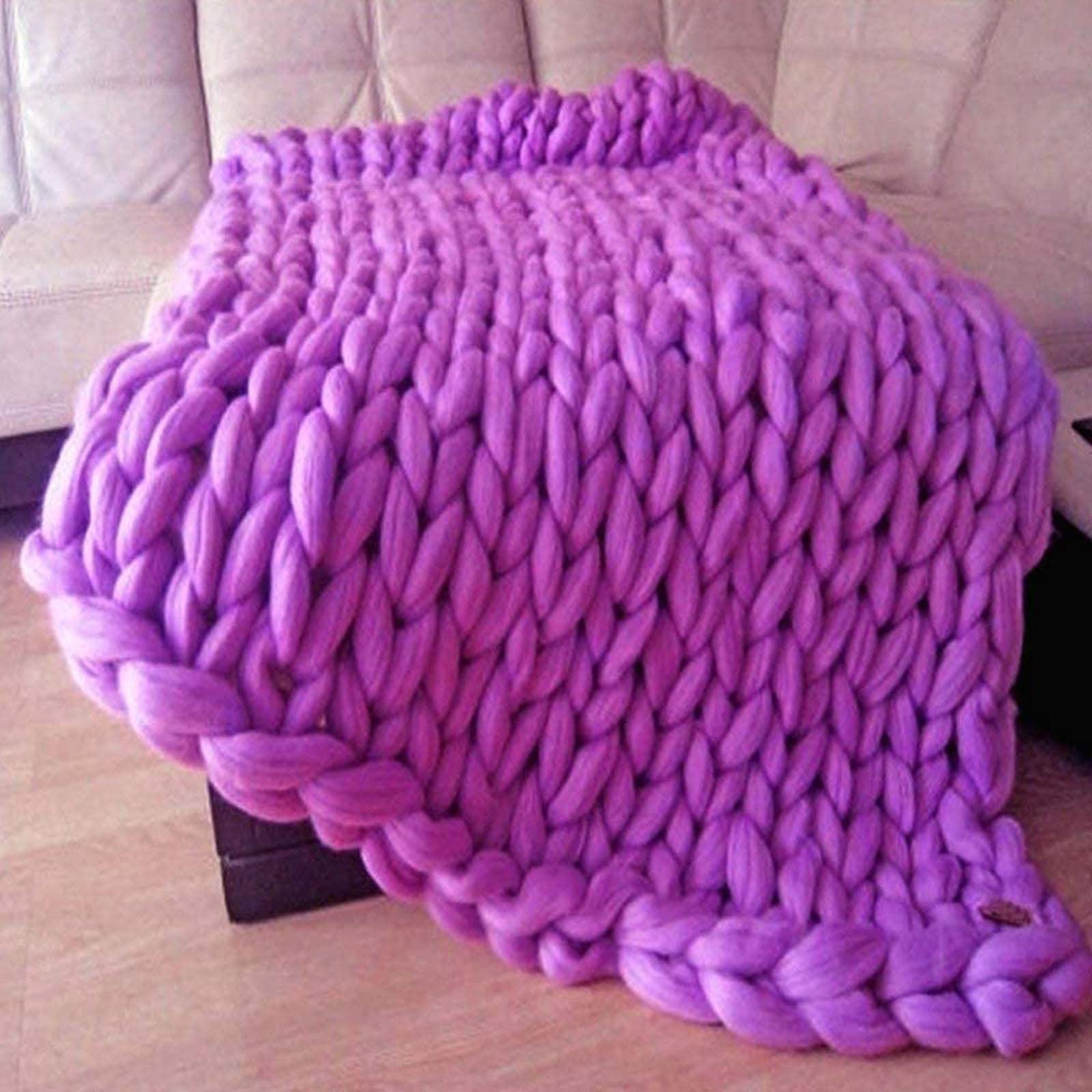 Tiro de Cama Manta de Punto Grueso Decoración del Hogar Manta Tejida en Lana Súper Grande Hecho A Mano Alfombra de La Estera de La Yoga del Sofá de La Cama,Púrpura,130x170cm/51.1x66.9in