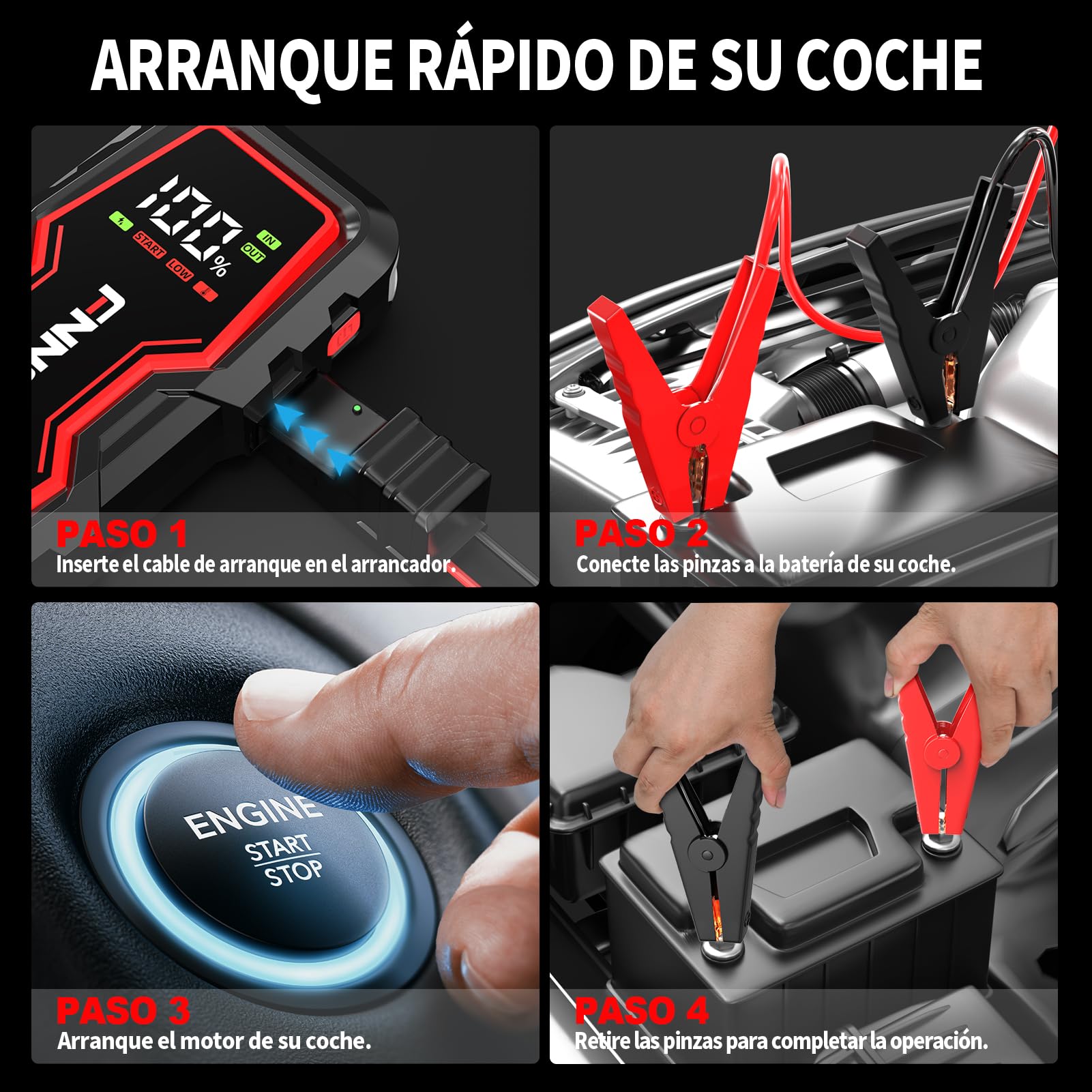FNNEMGE Arrancador de Coches, 9000A 26800mAh Arrancador Batería Coche (para Todo vehículo de Gasolina o 10,0L de Diesel),Booster Bateria, con Puerto de Salida USB, Luz LED, Pantalla Grande HD.