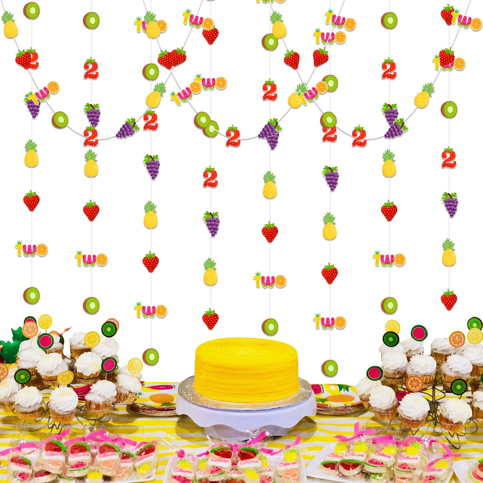 Funmemoir Twotti Frutti 2nd Birthday Decorations - 8pcs Fruit Hanging Streamer Garlands, Pineapple Watermelon Strawberry Summer Fruit Theme, Paper Runner, Yellow, Red, Pink