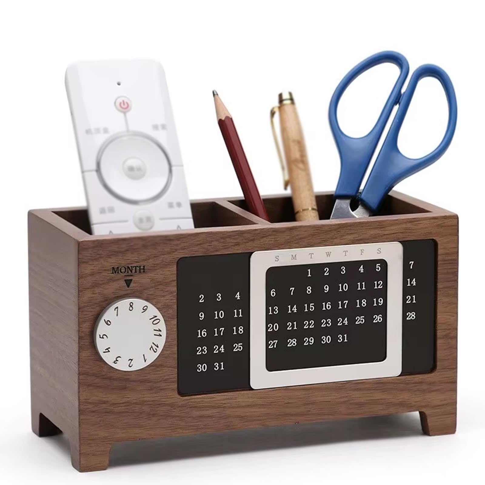 Calendario perpetuo in Acero/Noce, portapenne in Legno, Calendario perpetuo con Binario Scorrevole Magnetico e Doppio Scomparto.