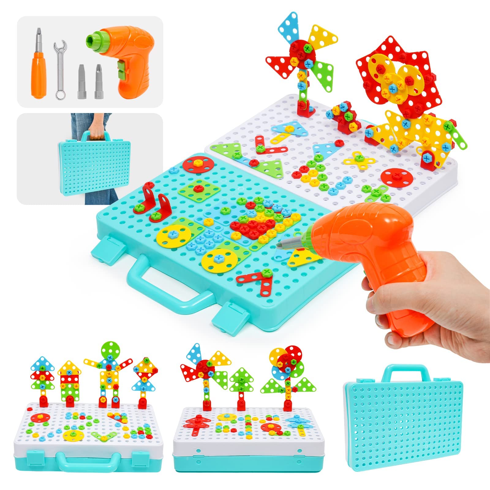Ark miido Juguetes Niños 3 Años Herramientas Juguete Puzzle 3D Caja de Herramientas, Mosaicos Juegos de Construcción con Taladro Eléctrico, Juegos Educativos Regalos Niños 3 4 5 6 Años, 316 Piezas