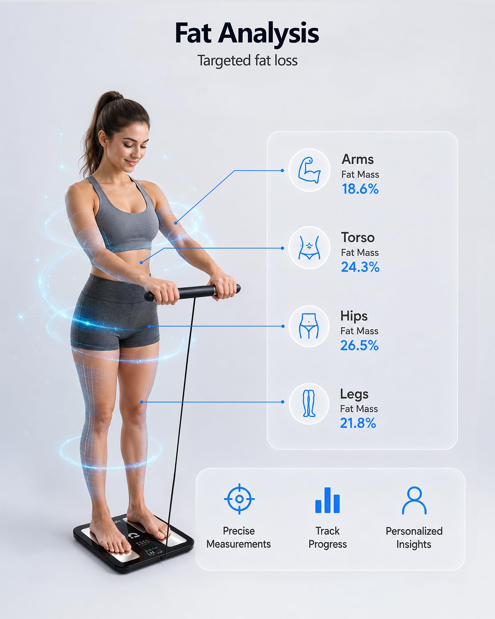 Bilancia intelligente per peso corporeo a 8 elettrodi a doppia frequenza BIA Bilancia digitale da bagno con analisi completa della composizione corporea, BMI, grasso corporeo, massa muscolare
