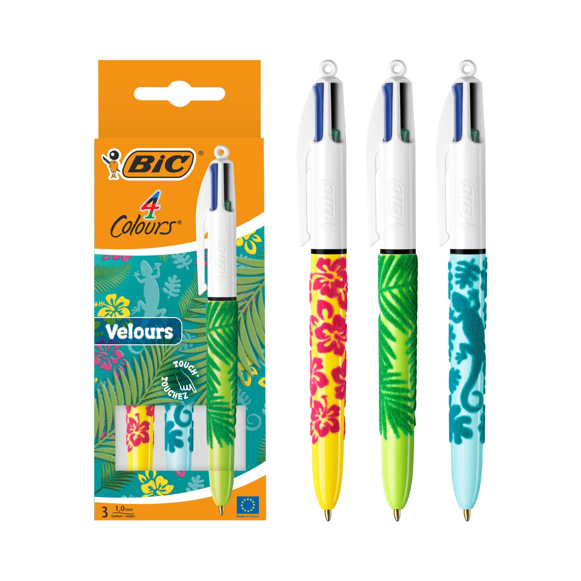 Bic Velour - Caja de 3 Bolígrafos 4 Colores Edición Especial, Punta 1.0 mm, Con Terciopelo Para Decorar, Colores Surtidos