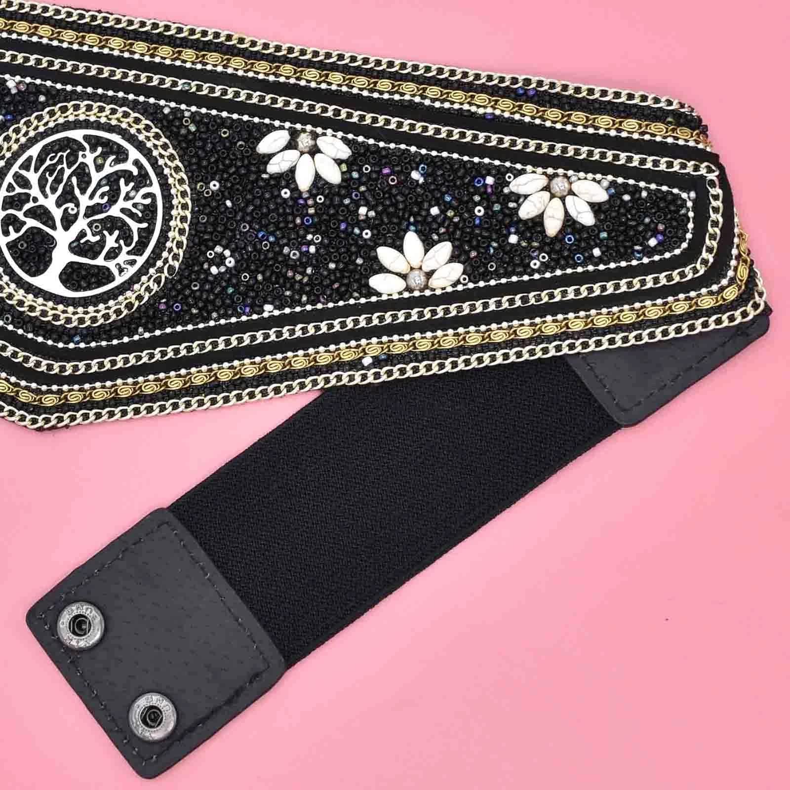 idealway Bohemian Women Belts Wide Stretch Elastic Waist Cinch Belt Handmade Beaded Flower Adjustable Belt for Dresses