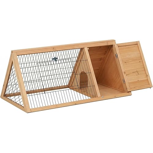 PawHut 46" x 24" Wooden A-Frame Outdoor Rabbit Hutch, Small Animal Cage, Bunny Hutch with Outside Run & Ventilating Wire, Yellow
