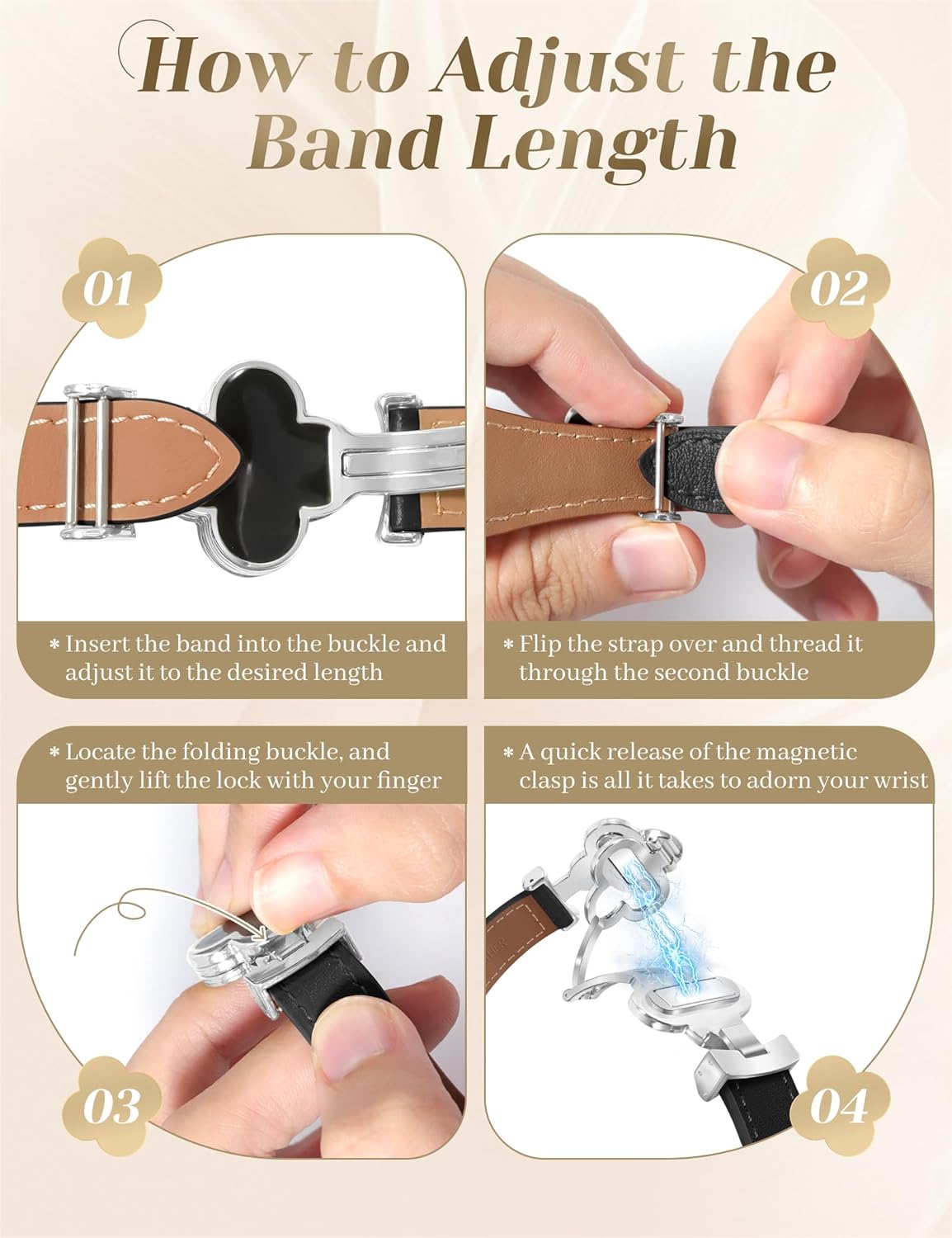 MOINSPIRE Designer Slim Leather Bands for Women,Lucky Four-Leaf Clover Cute Dressy Magnetic Watch Bands for iwatch Compatible with Apple Watch Series 11/10/9/8/7/6/5/4/3/2/1 SE 1/2/3 Ultra 1/2/3