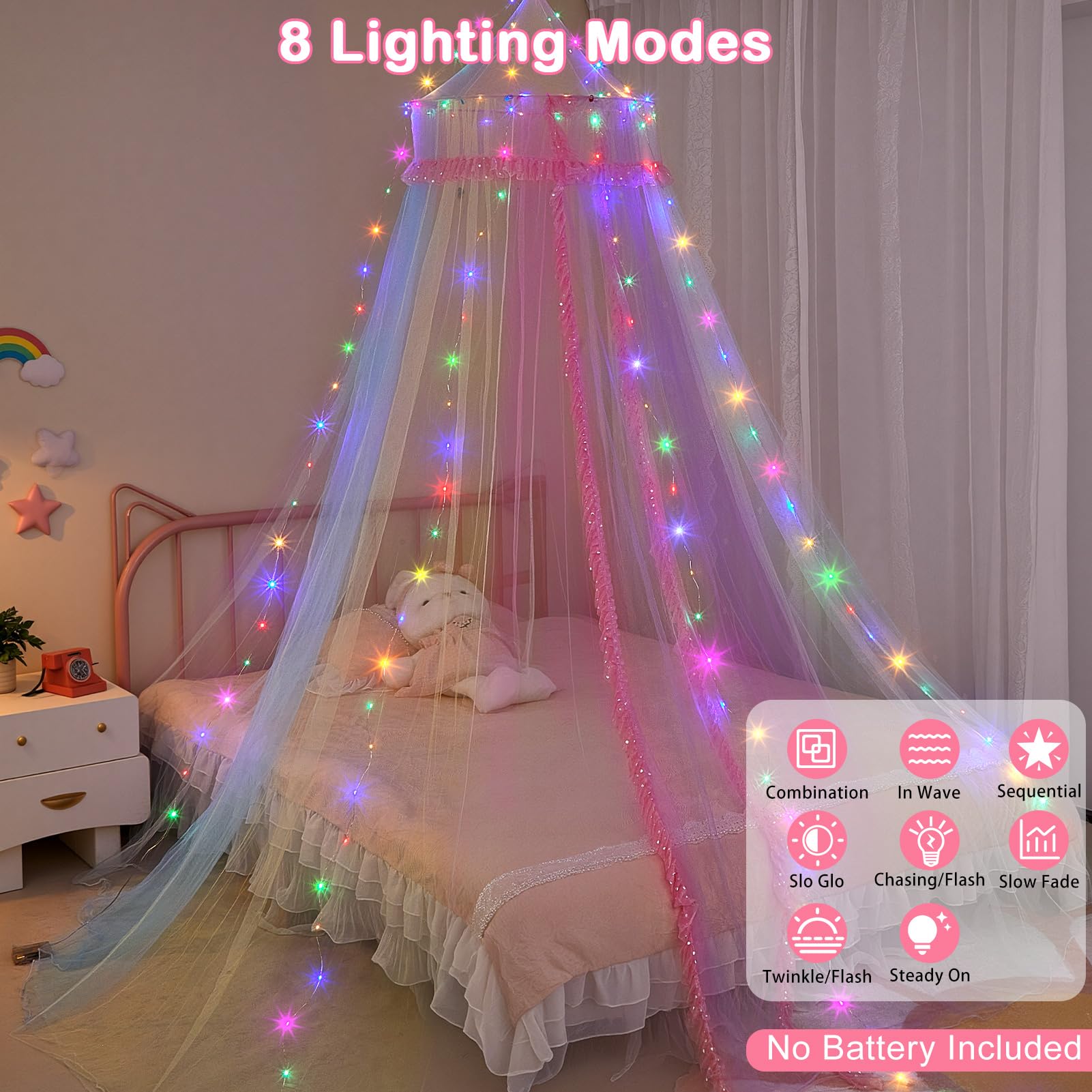 MHJY Baldacchino per Letto per Ragazze, Zanzariera per Letto per Bambini con Luci LED e Telecomando, Decorazione per Camera da Principessa, Accessori per Camera da Letto per Bambini