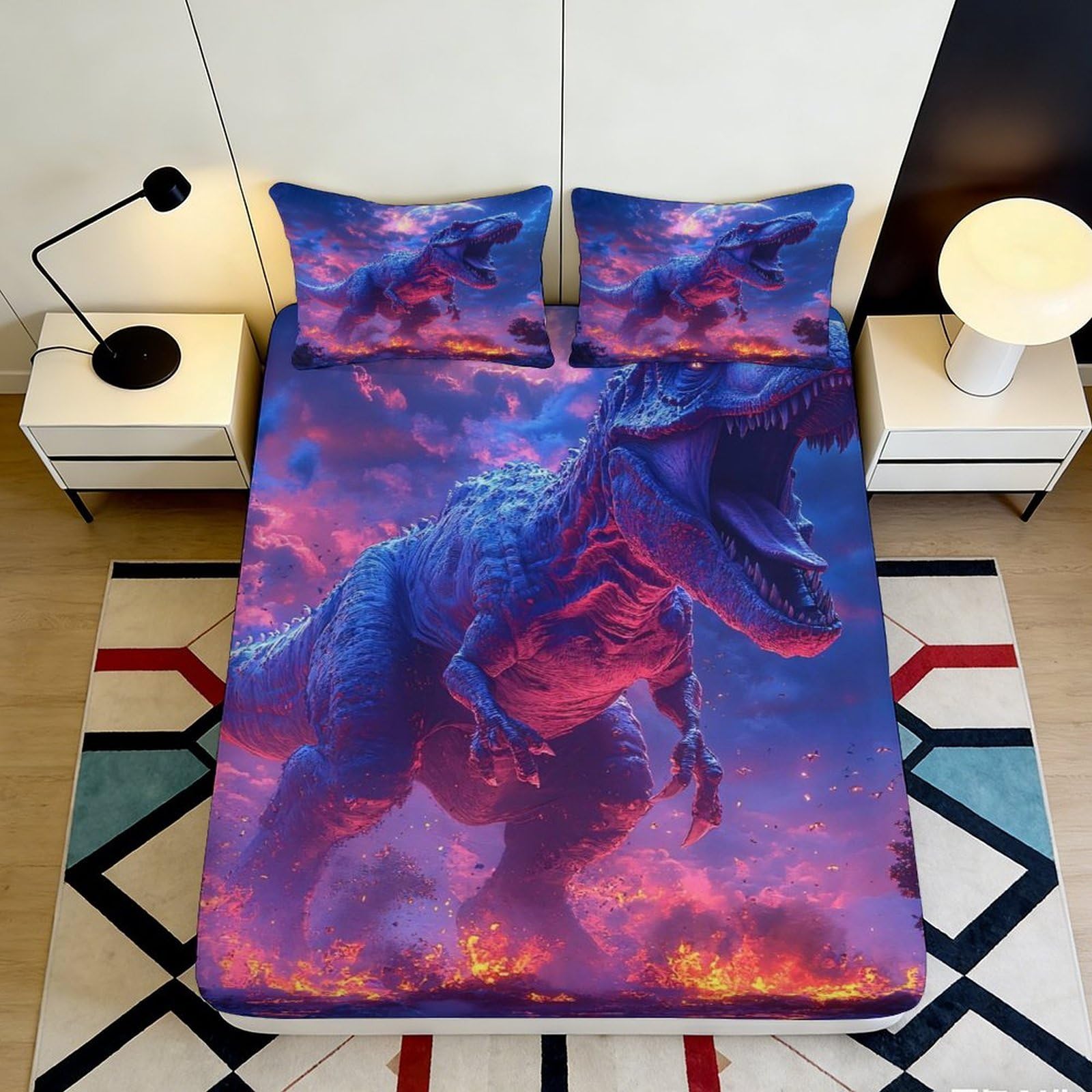 Uxinyoume Style-9 3D Printed Purple Dinosaur Fitted Sheet Microfiber Soft Breathable Fire Forest Bed Cover For Bedroom Dorm Decor 90X200x25cm