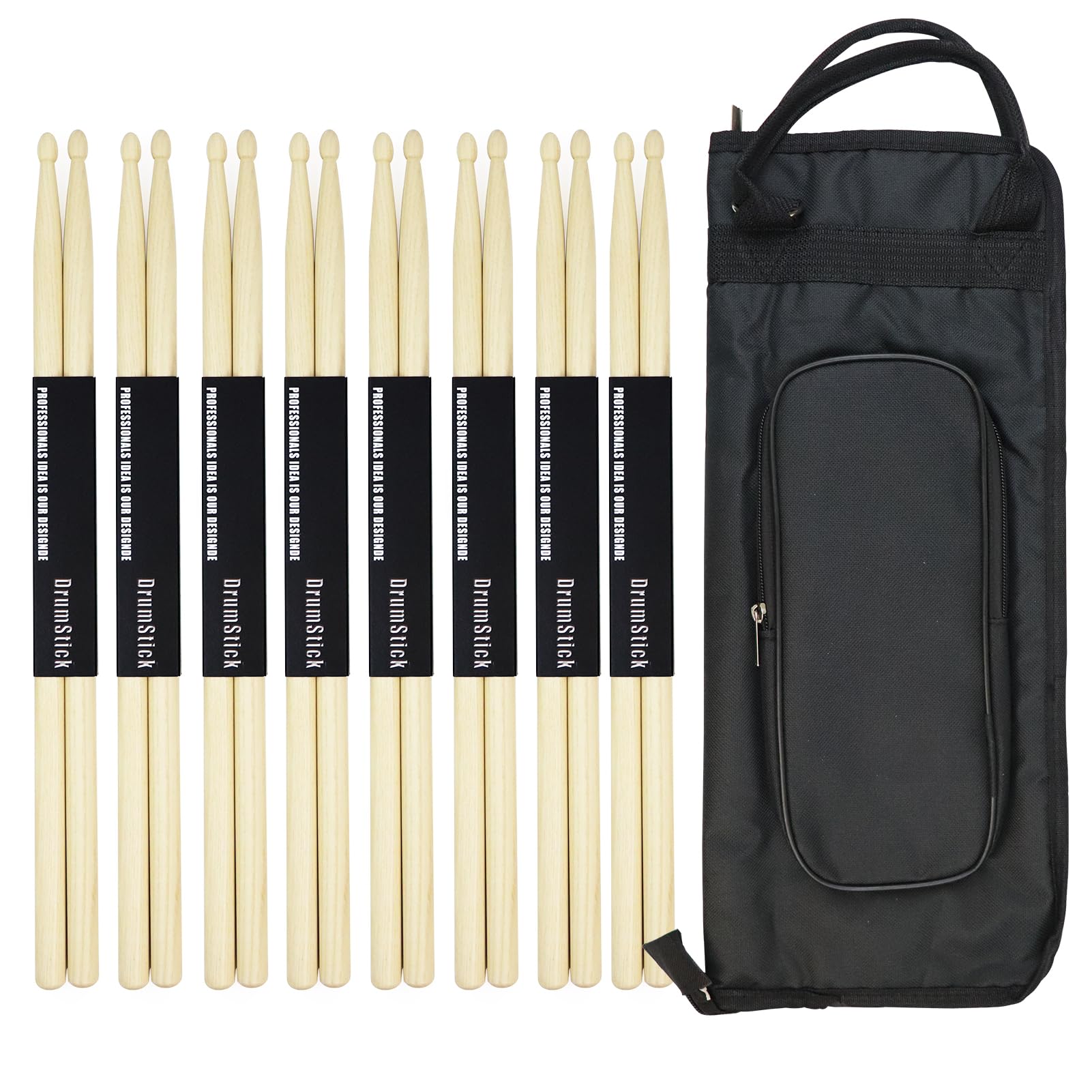 Hickory 5A Wood Drumsticks with Drumsticks Bag 8 Pairs Set