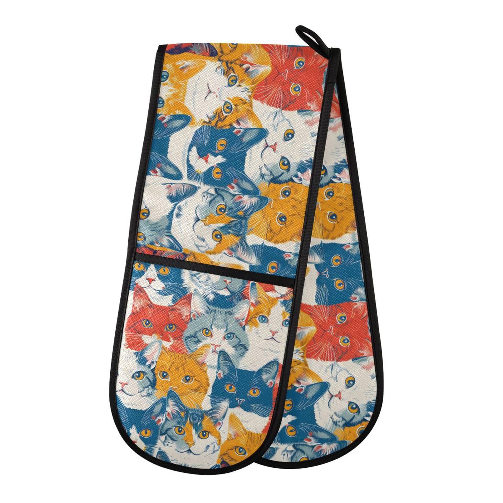 Oven Gloves Double Oven Gloves Cats Vintage Oven Mitts Pot Holder Heat Resistant Quilted for BBQ Baking Kitchen Cooking Gloves