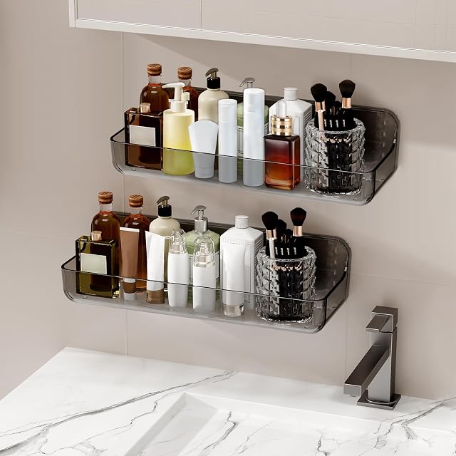 Diesisa 2pc Acrylic Wall Mounted Shower Caddy Adhesive Shelf Bathroom Shelves for Wall Self Adhesive Organizer No Drilling