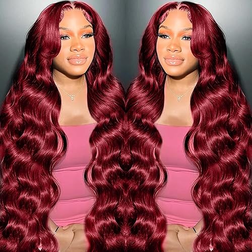 MUZOJET 99j Burgundy Lace Front Wigs Human Hair 13x6 Body Wave Lace Front Wigs Human Hair Pre Plucked Glueless Red Wig Wine Red Wigs for Women Reddish Brown 180 Density 30 Inch - 30 Inch - 99j Burgundy