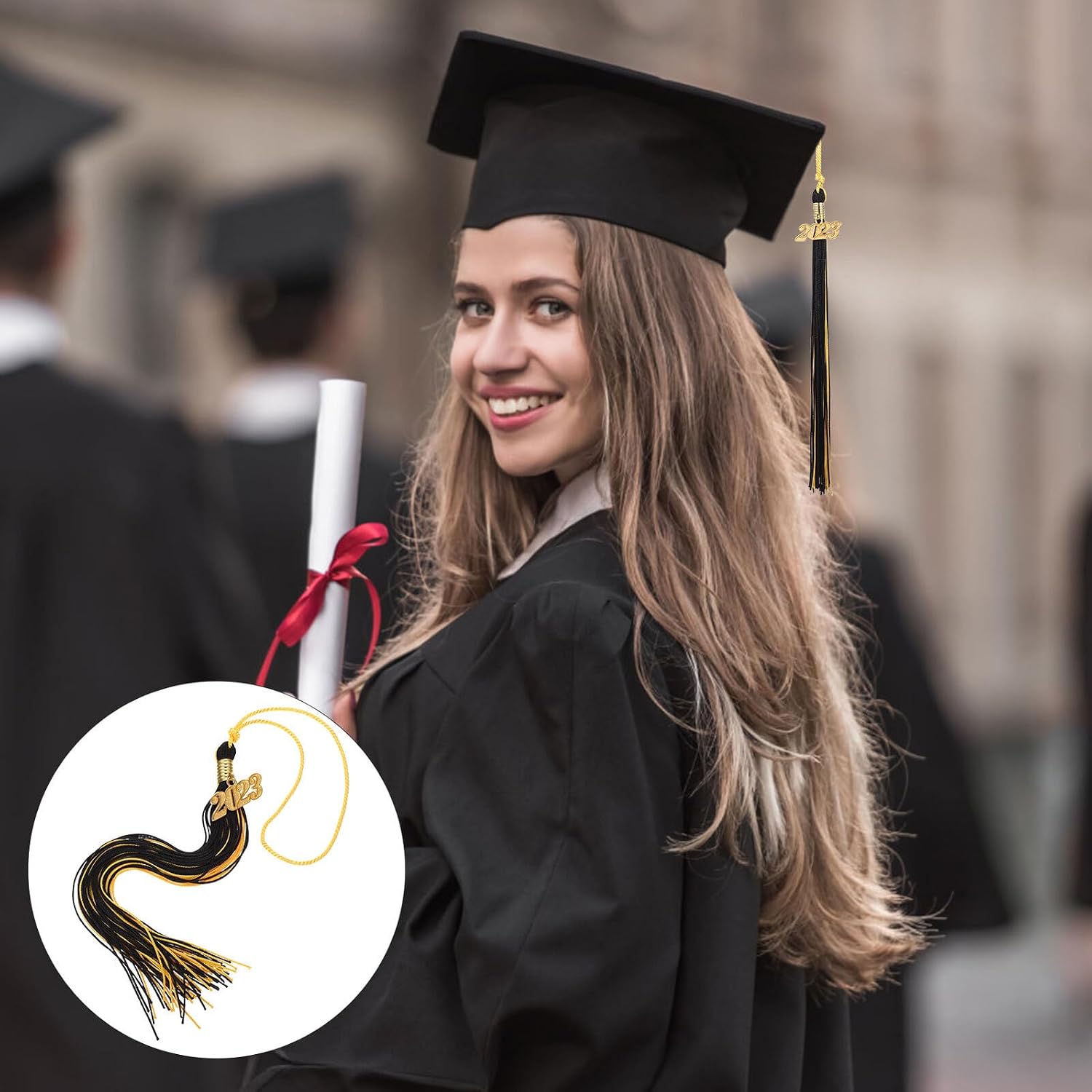10pcs 2023 Graduation Hat Tassels Black and Gold Polyester Fringe Accessories for Academic Caps Graduation Ceremony Decorations