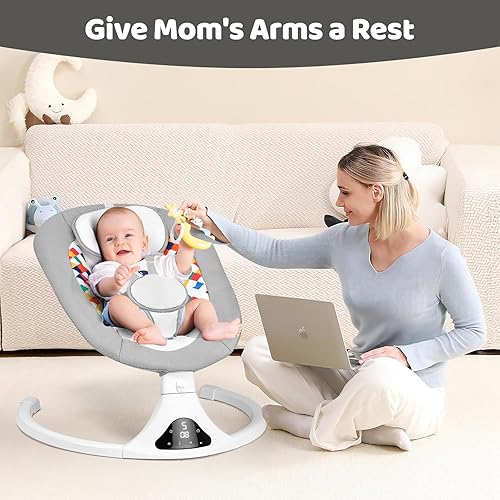 Miniatura 6 de Columpio para bebés con Bluetooth con control remoto, columpios portátiles para bebés con 5 velocidades, cinturón de arnés de 5 puntos, diseño