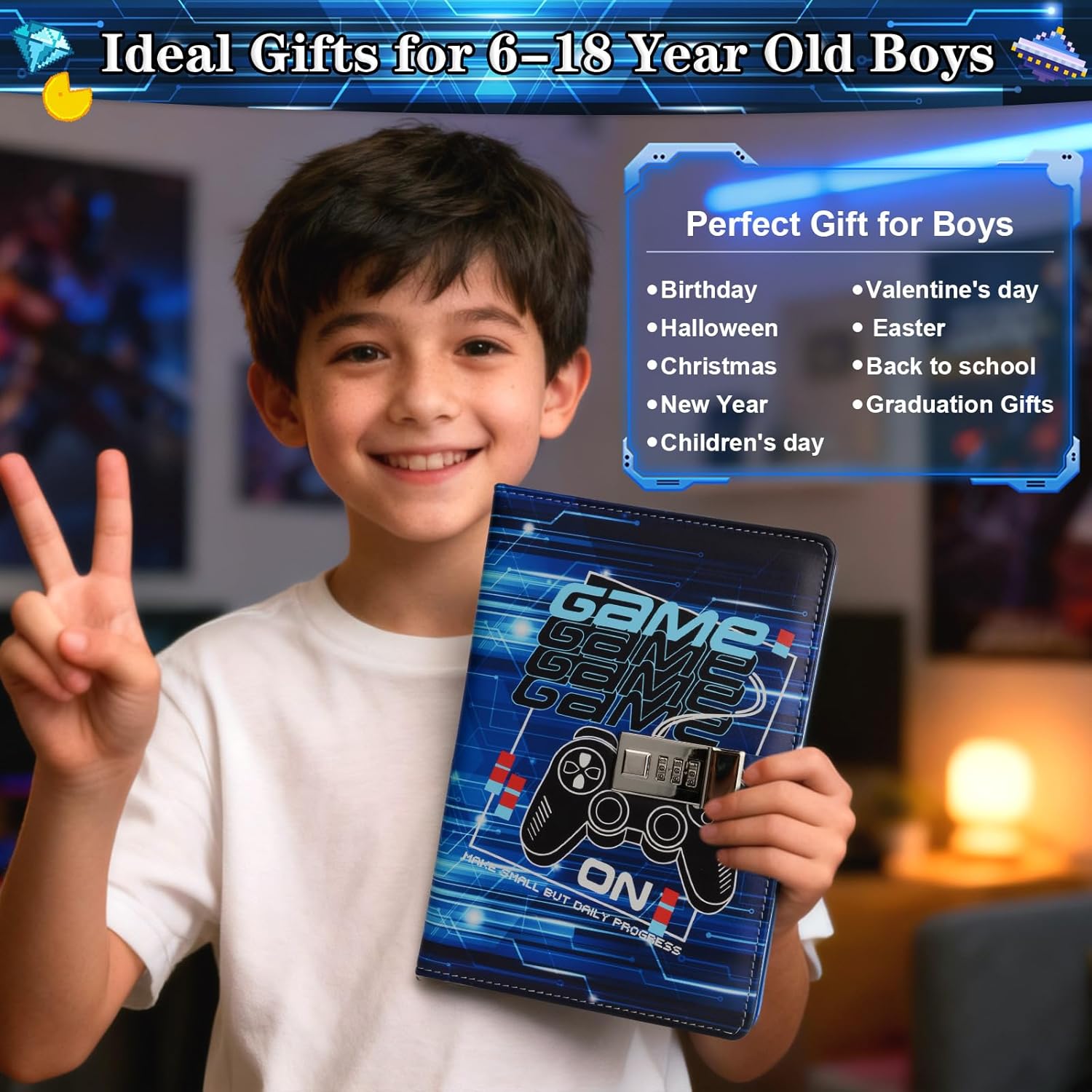 Video Game Diary with Lock for Boys Ages 8-12, Game Journal with Lock, Diary Easter Gifts for Boys Teen Boy 10-18, Birthday Gifts for Kids Journal with Pen, Gaming Notebook for Teenages 12 13 14 15 16 Year Old - Image 5