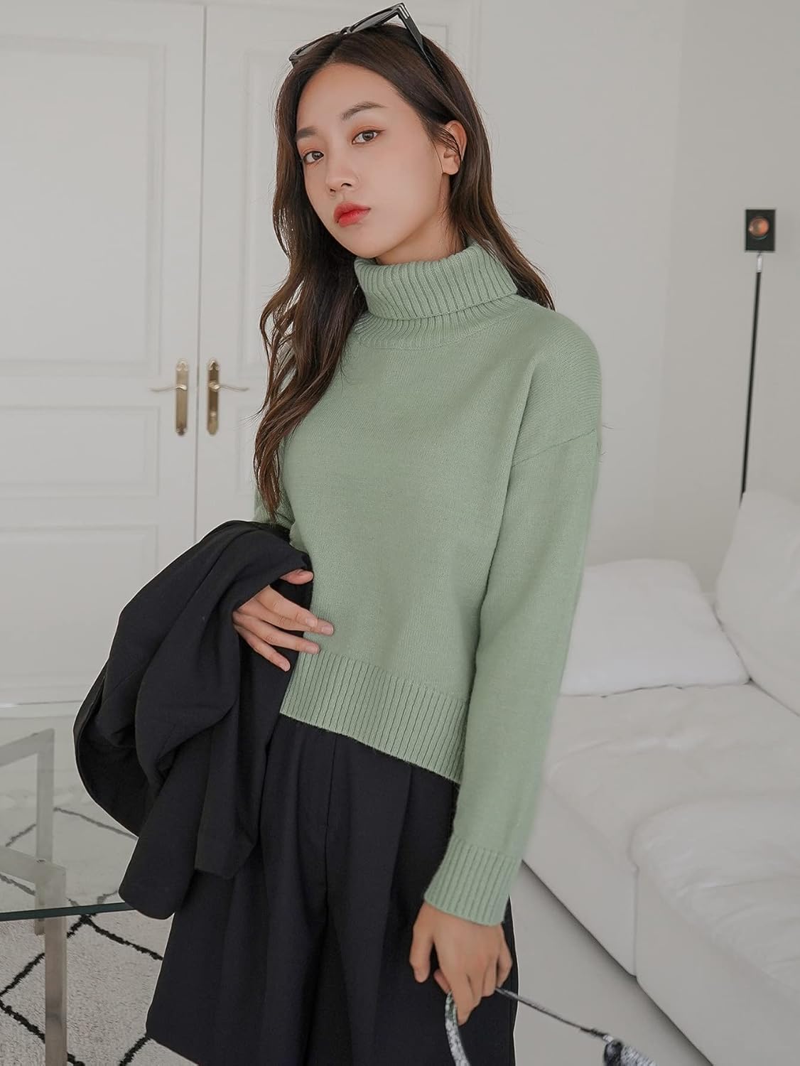 Women's Sweater Solid Turtleneck Drop Shoulder Sweater Sweater for Women (Color : Green, Size : Medium)