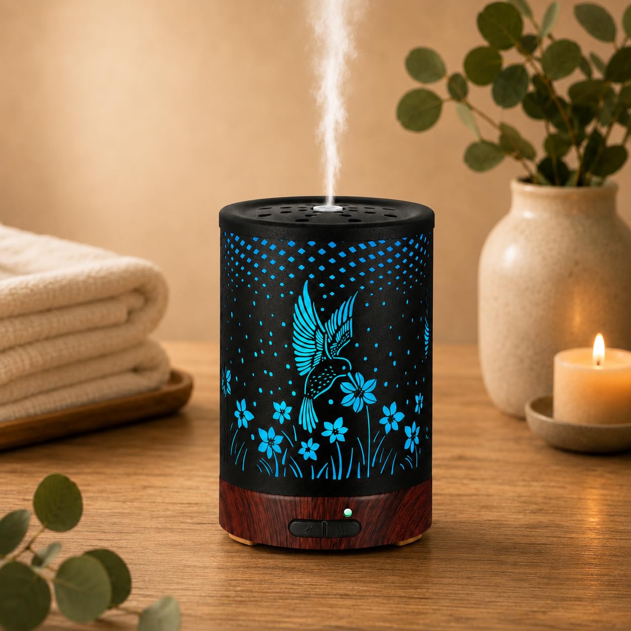 Difusor de aceites esenciales, difusor de aromaterapia, regalo de cumpleaños para mujeres y madres | Humidificador de niebla fría de metal con 7 colores de luces sin agua, difusores de aire de apagado automático (colibríes)