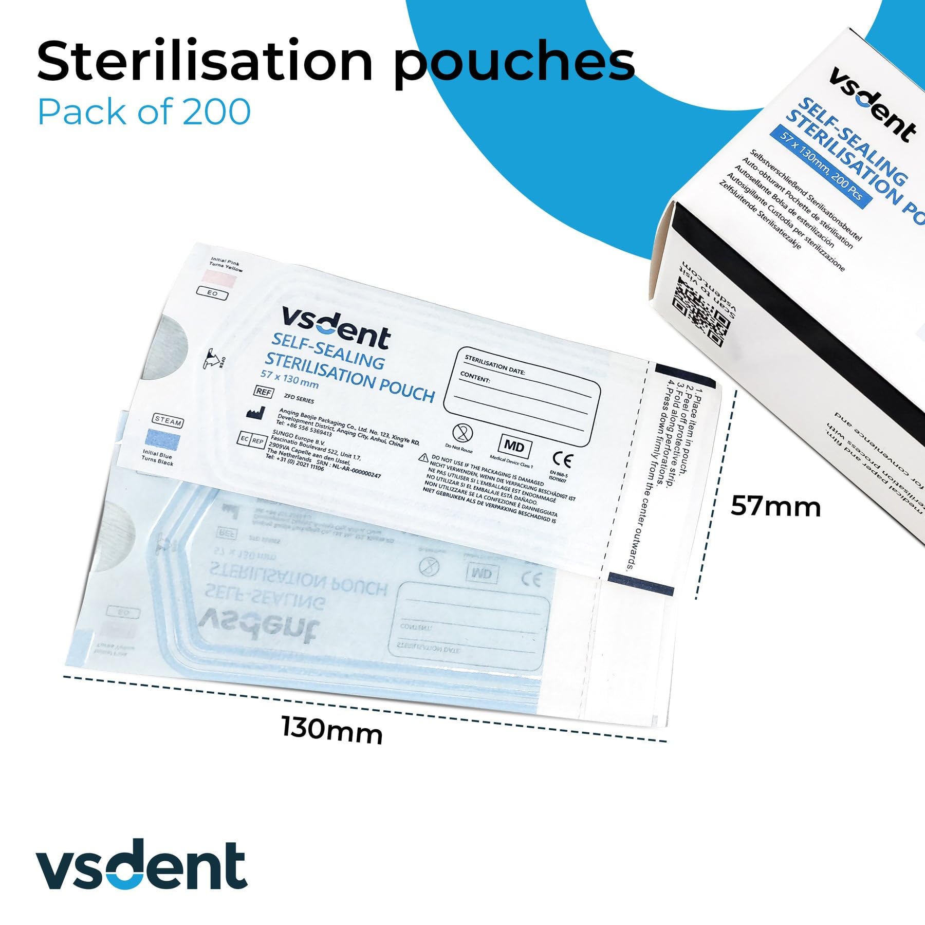 Lot de 200 pochettes auto-stérilisantes 57 x 130 mm
