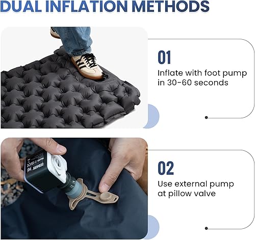 Miniatura 4 de ONETIGRIS Blackcrystal - Colchoneta de dormir ultraligera para acampar con almohada con bomba de pie incorporada, colchoneta inflable compacta para