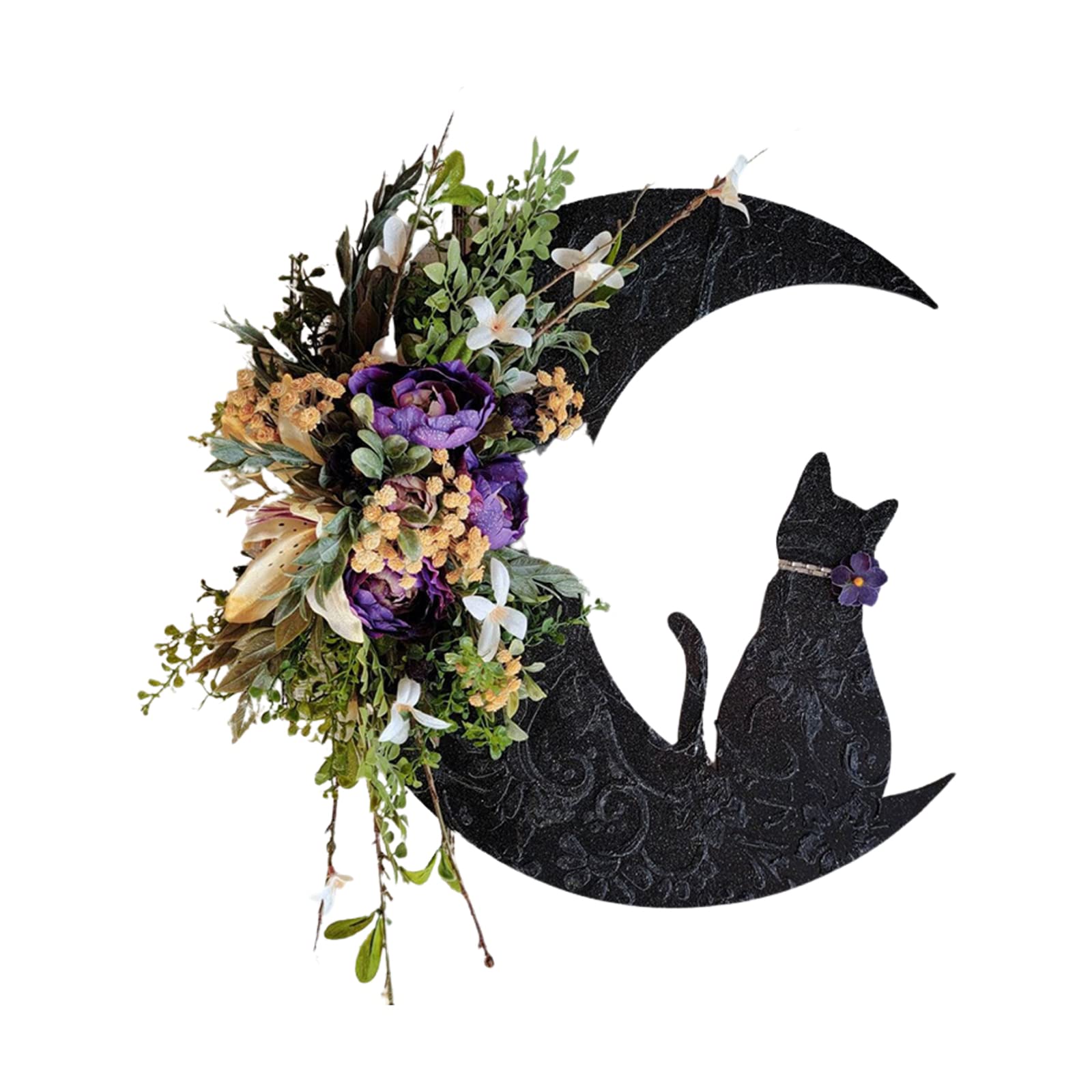 Liuyoyo Witchy Celestial Door, Art Halloween Lunar Decor Halloween Moon Cat Wreath Hanging Decor Cat Wreath Botanical Crescent Moon for Home