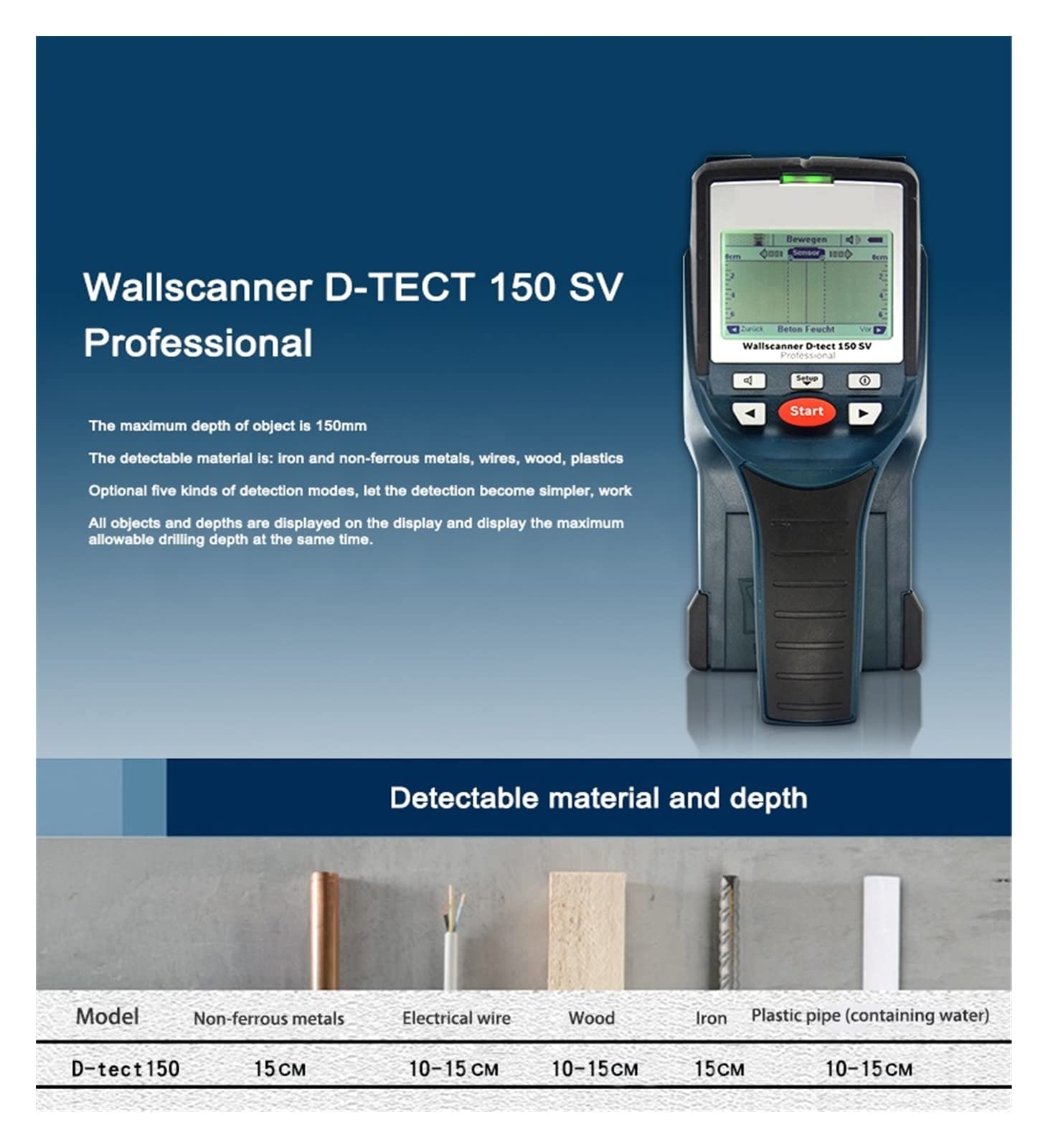 escáner de pared, Detector de pared Alambre Barra de refuerzo Tubería Escáner de metal Instrumento de detección Herramientas Buscador de detección profesional Profundidad herramienta de mejora del hog