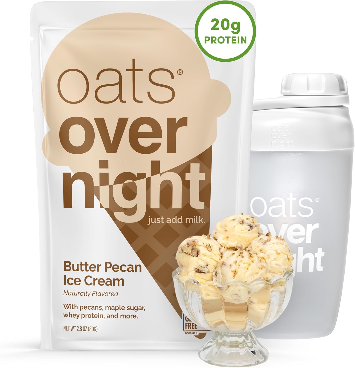 Oats Overnight Butter Pecan Ice Cream - Overnight Oats with 20g Whey Protein, High Fiber Breakfast Protein Shake - Gluten Free Oatmeal, Non GMO High Protein Oatmeal (2.8 oz per Meal) (8 Pack + Bottle)