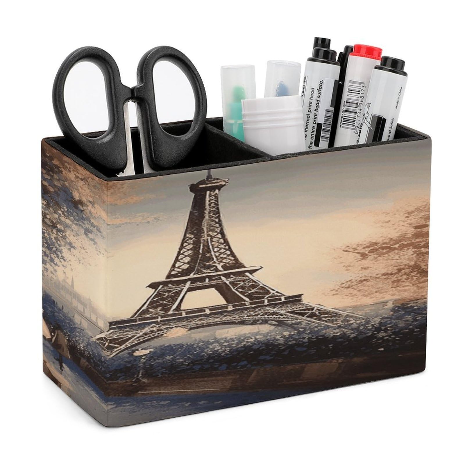VstaDank Romantic Paris Eiffel Tower Pen Holder Double Compartments Pen Cup Fashion Makeup Brush Holders Leather Pencil Holder for Work Locker Accessories Modern Pencil Cup for Desk Organizer