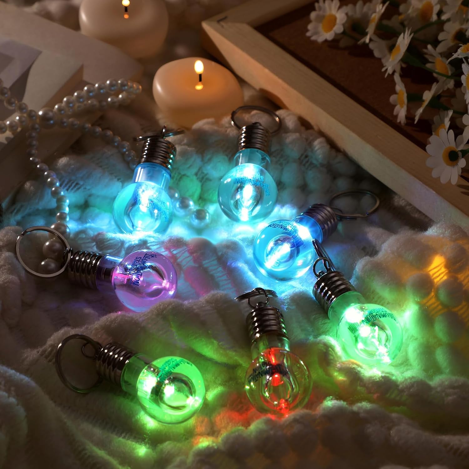 50 Pcs 2026 VBS Light Bulb Key Chain Acrylic Mini Colorful Flashing Bulb Keychain with 7-color Changing LED for 2026 Church Event Gift Night Safety & Group Identity